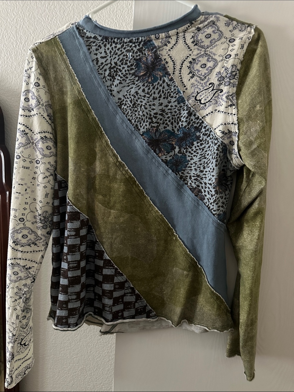 Free People Patchwork Long Sleeve Top in Olive, Blue & Cream - Picture 3 of 4